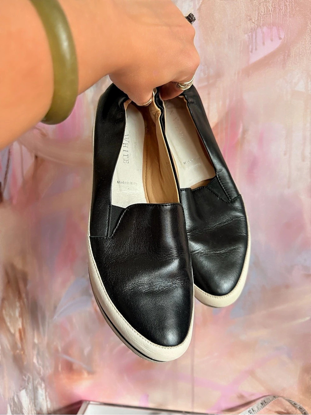 Roni White Black Leather Slip-On Sneakers